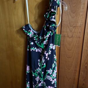 Lilly Pulitzer Navy Floral One-Shoulder Ruffle Dress